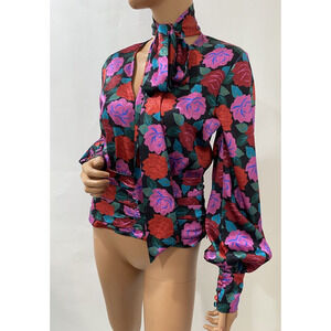 Ronny Kobo Rose Floral Top Ruched Waist size small long sleeves